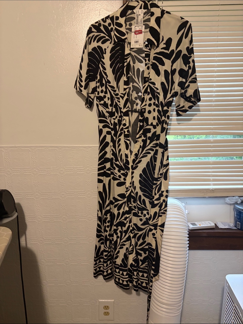 H&M Black and Cream Botanical Print Midi Dress